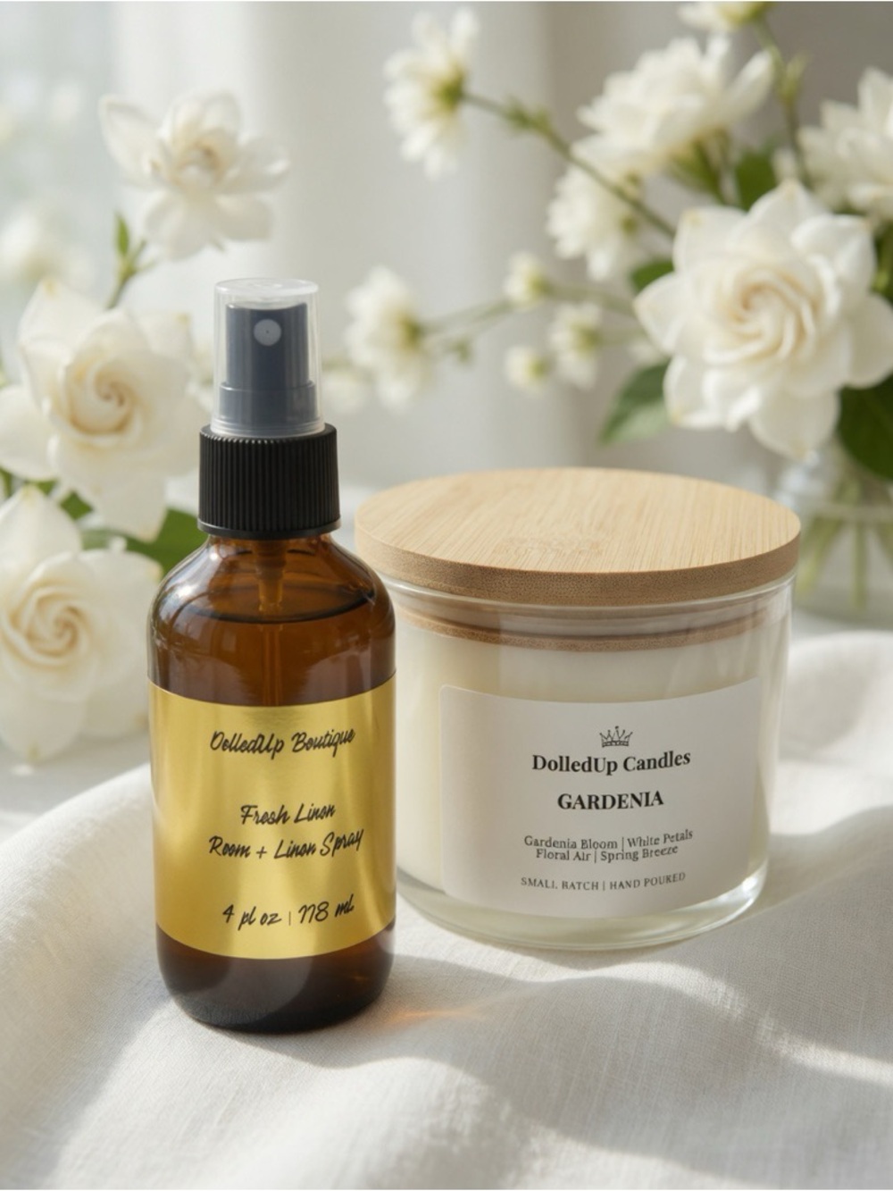 Gardenia Linen Sanctuary Set | 16oz Gardenia Candle + Linen Room Spray